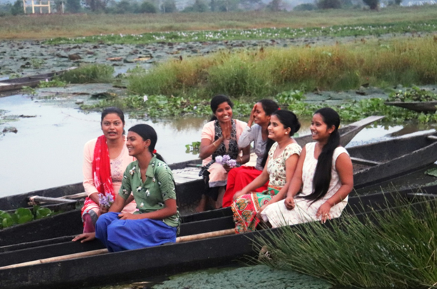 Fishermen women are making yoga mats by removing hyacinth from the lake