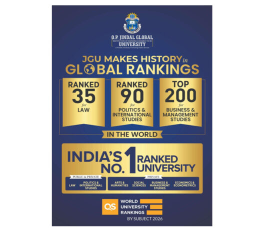कानून, अंतरराष्ट्रीय संबंध एवं व्यवसाय में जे.जी.यू. की ऐतिहासिक वैश्विक रैंकिंग: क्यूएस वर्ल्ड यूनिवर्सिटी रैंकिंग्स बाय सब्जेक्ट 2026